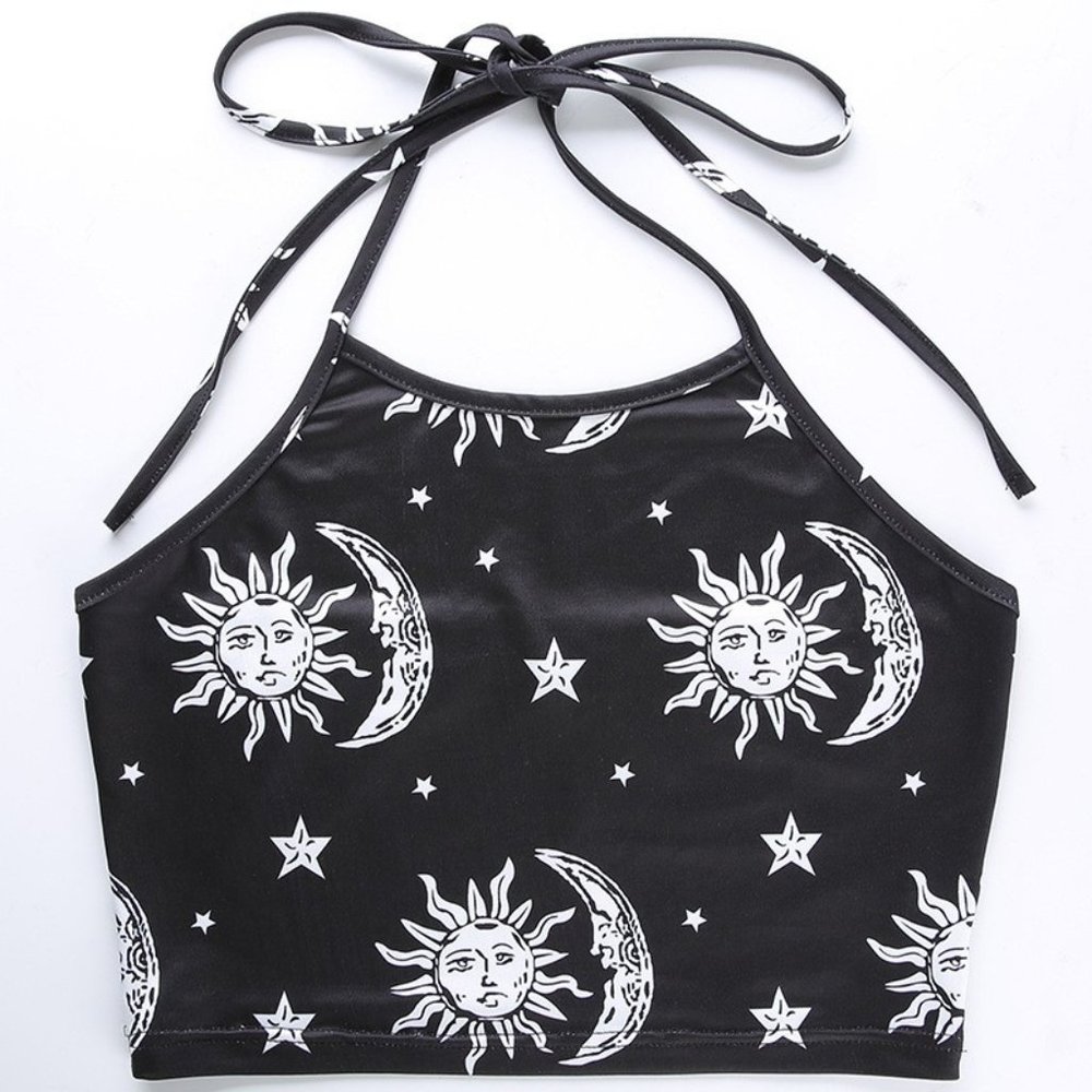 Celestial Print Halter Crop Top Witchy Boho Moon